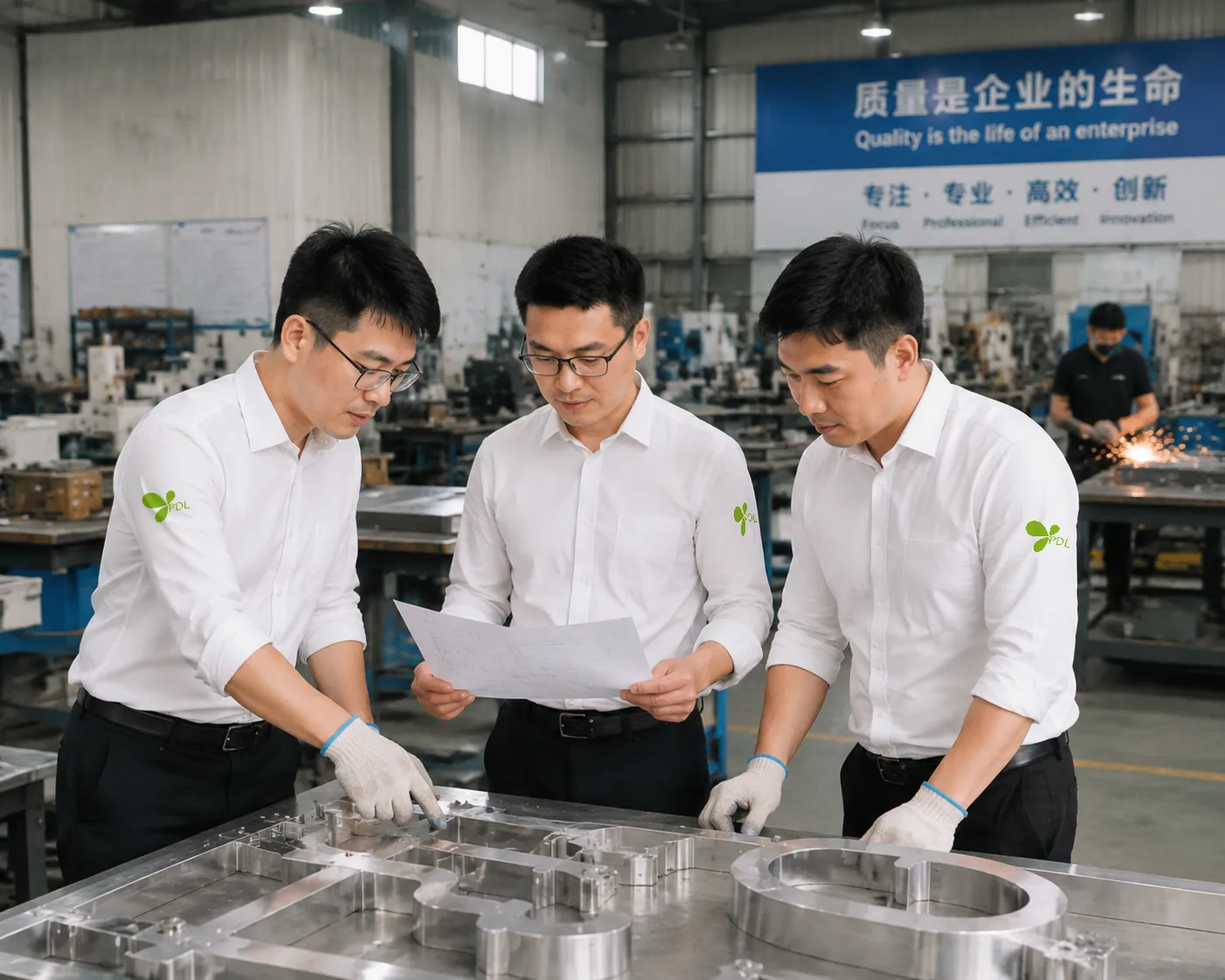 Production workshop with CNC machines and laser welding