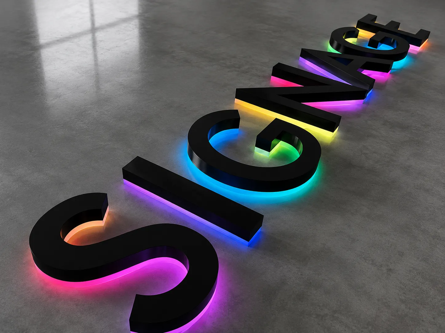 RGB backlit channel letters with matte black metal shell and colorful rear halo lighting
