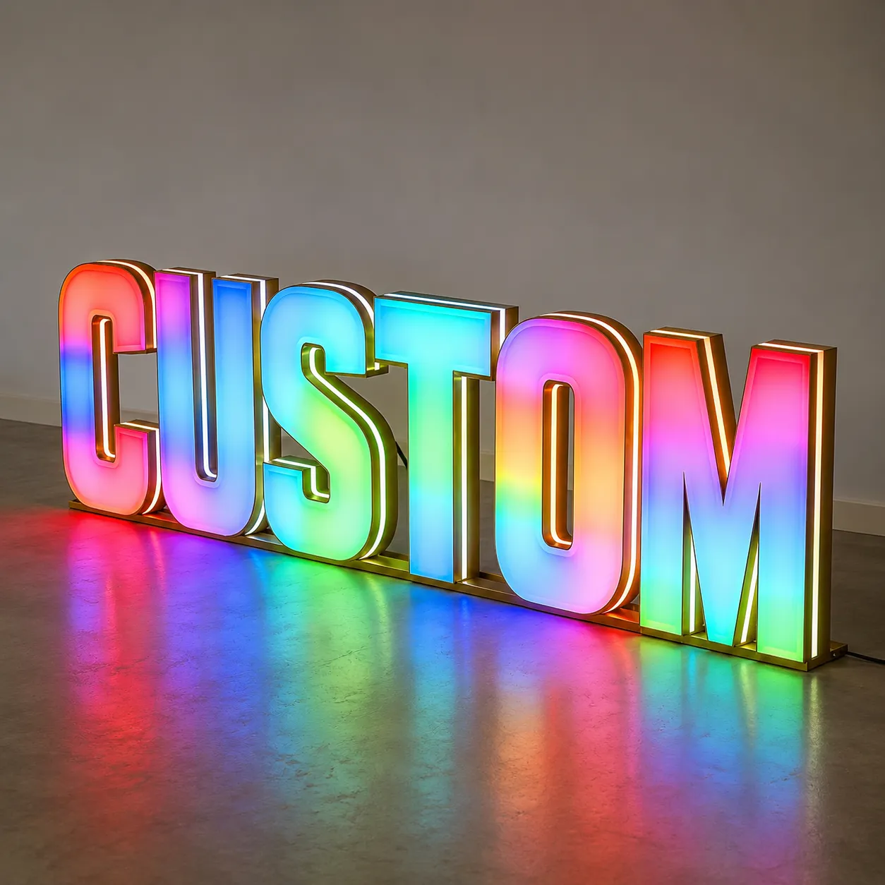 Brass cabinet RGB channel letters for boutique stores